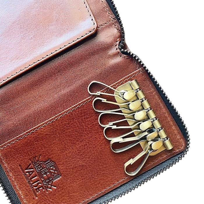 Zip Key Case Navy/Cognac